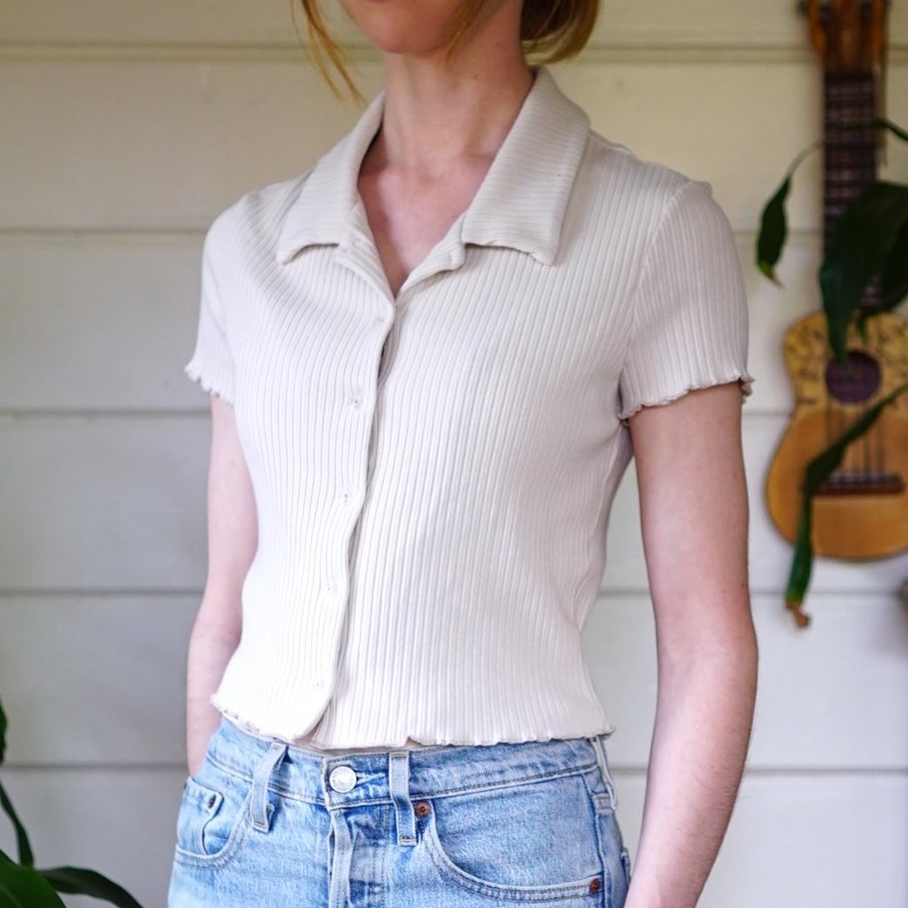 Reformation Brandy Rib Crop Top in Beige - Collared Button Down - Size Large